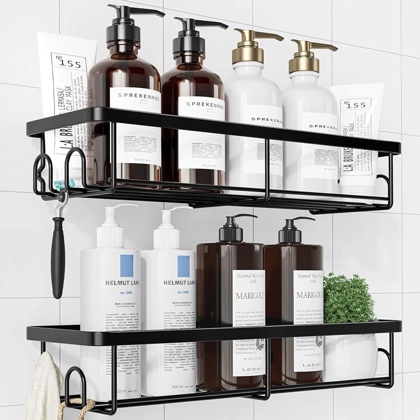 Kitsure Shower Caddy - 2 Pack Rustproof Shower Organizer, Drill-Free & Quick-Dry Shower Shelves for inside Shower with Large Capacity, Durable Stainless Steel Shower Rack with 4 Hooks, Black