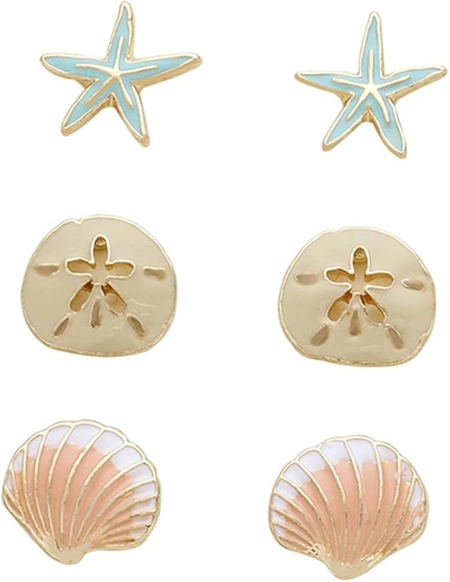 Rosemarie Collections Women's Beach Stud Earrings Set of 3 Starfish Sand Dollar Shell