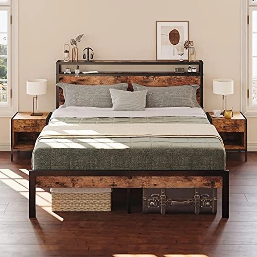 LIKIMIO Full Bed Frame, Platform Bed Frame Full with 2-Tier Storage Headboard and 11 Strong Support Legs, More Sturdy, Noise-Free, No Box Spring Needed