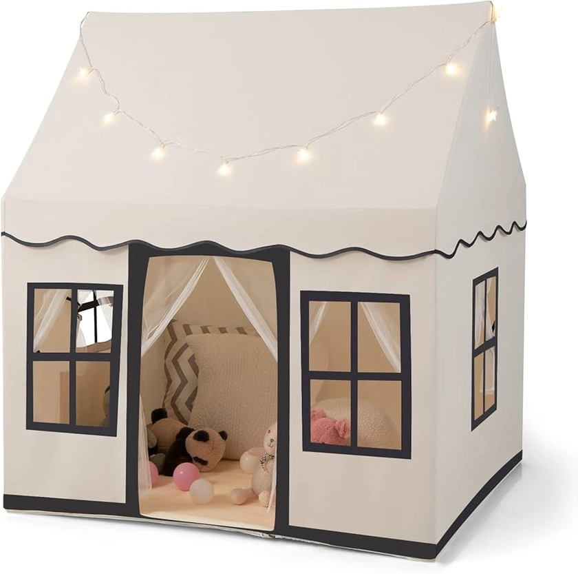 COSTWAY Kids Play Tent, Indoor Large Playhouse with Star Lights, Non-slip Mat and Windows, Castle Fairy Tents for Children Boys & Girls Gift (Beige+Black)