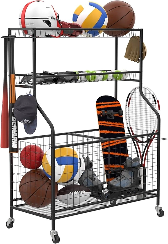 WALMANN Garage Sports Equipment Organizer, Ball Storage Rack Indoor/Outdoor Rolling Ball Cart with Baskets and Wheels