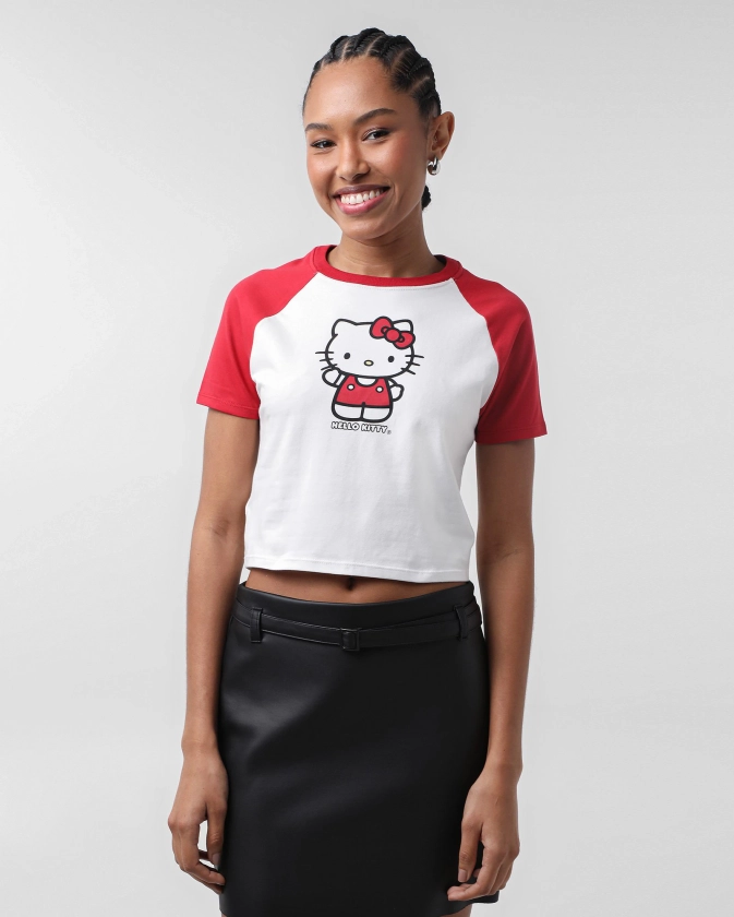 Camiseta cropped Hello Kitty raglan branca | Sanrio