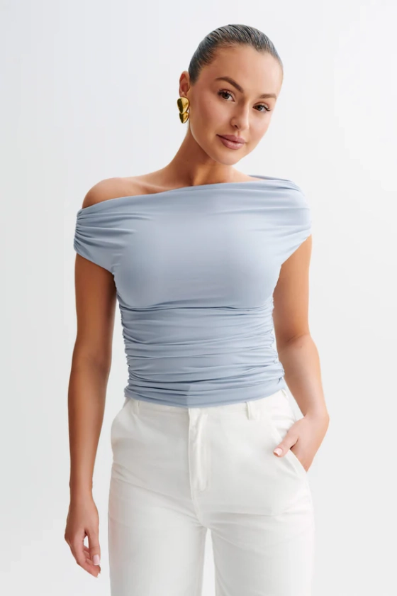 Alayna Slinky Ruched Top - Dusty Blue