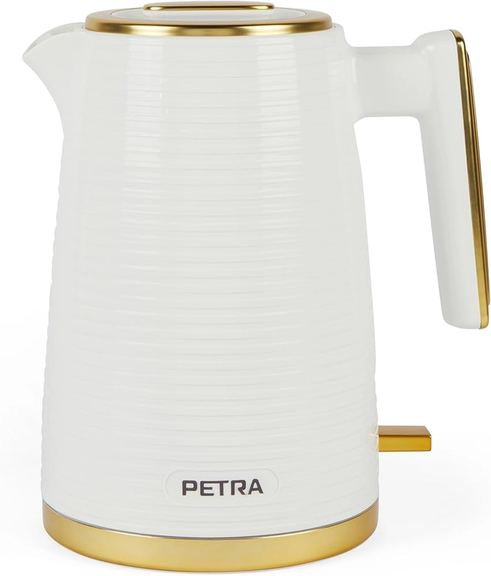 Petra PT5031WVDE Bouilloire 1,7 L : base pivotante 360°, contrôleur Strix, filtre anticalcaire, fenêtre d'eau avec indicateur de niveau, capteur de chauffe à sec, arrêt auto, 2200 W, blanc/or