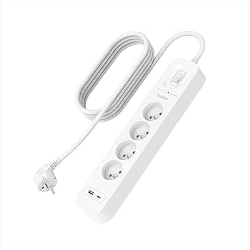 Belkin Multiprise parafoudre avec USB 4 Prises (Montage Mural, Cordon d'alimentation de 2 m, Voyant Lumineux Vert, 1 Port USB-C et 1 Port USB-A, Recharge Rapide PD, Protection jusqu'à 525 Joules)