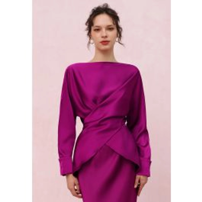 Boat Neck Crisscross Waist Satin Top in Magenta