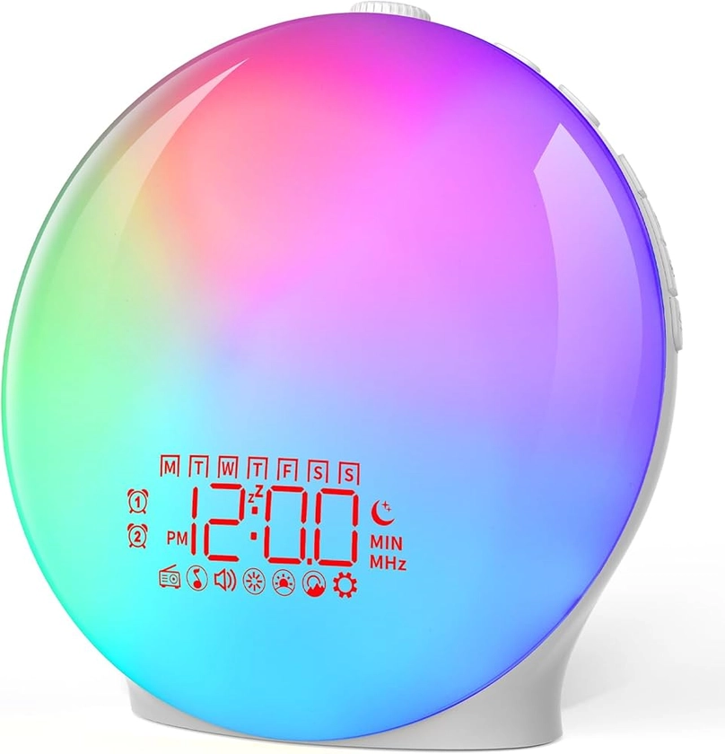 YAZEKY Réveil Lumineux,Eveil Lumière LED FM Radio Réveil avec Simulateur D'aube,Lampe de Chevet avec Deux Alarmes Et Fonction Snooze,20 Luminosités,7 Sons Naturels,Veilleuse Enfant 18 Couleurs