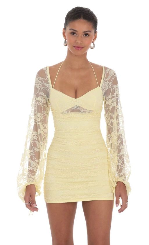 Lace Ruched Long Sleeve Dress in Yellow | LUCY IN THE SKY