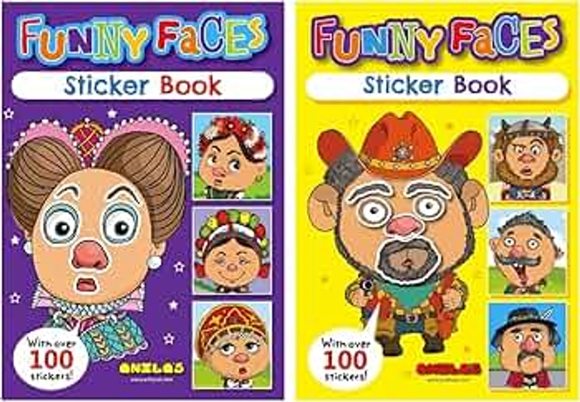 Anilas Set of 2 Funny Faces Sticker Book & Colouring Activity Book, Themes Include Unicorns, Dinosaurs, Pirates, Space, Princess, Mermaid, Knights, Diggers, Ideal for Children Aged 3-8(Funny Faces)