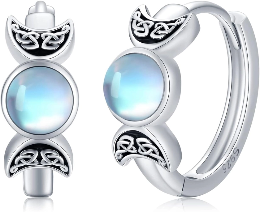 Triple Moon Goddess Earrings 925 Sterling Silver Moonstone Earrings Pagan Wiccan Jewelry Hoop Earrings Gifts for Women Girls