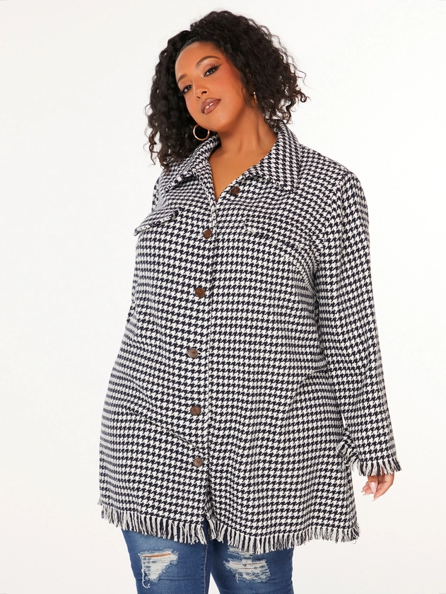 SHEIN CURVE+ Manteau à pied-de-poule à ourlet effiloché en tweed