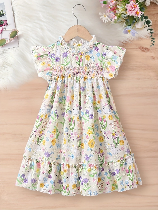 Tulip & Bunny Print Flounce Sleeve A-line Dress Girls Vacation Casual Dresses Summer Gift