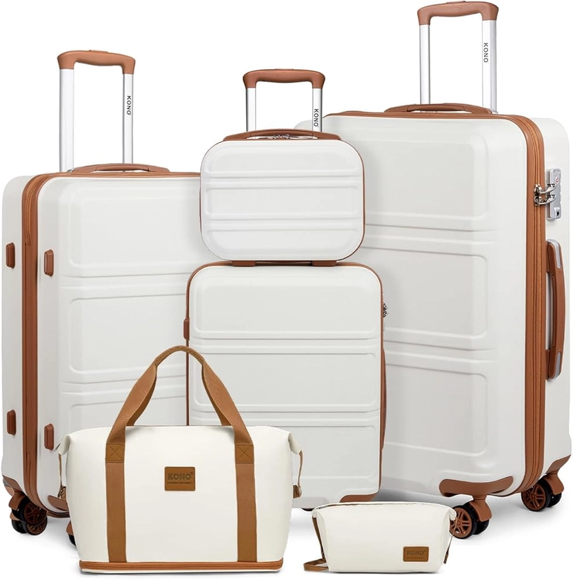 Kono Set de 6 Valises de Voyage Rigide Ensemble de Valise (55/65/74cm) à 4 roulettes avec Portable Vanity Case + Pliable Sac de Voyage pour Sport avec Trousse de Maquillage, Blanc Crème