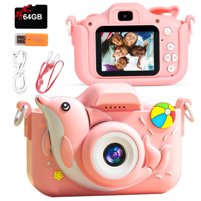 PayUSD Kids Selfie Camera Digital 64GB 1080HD Dolphin Portable Cameras for Boys Girl Toys Christmas Gift Age 3-10