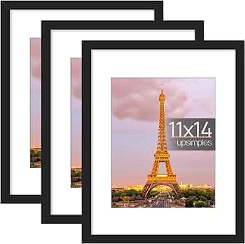 upsimples 11x14 Picture Frame Set of 3, Made of High Definition Glass for 8x10 with Mat or 11x14 Without Mat, Wall and Tabletop Display Photo Frames, Black