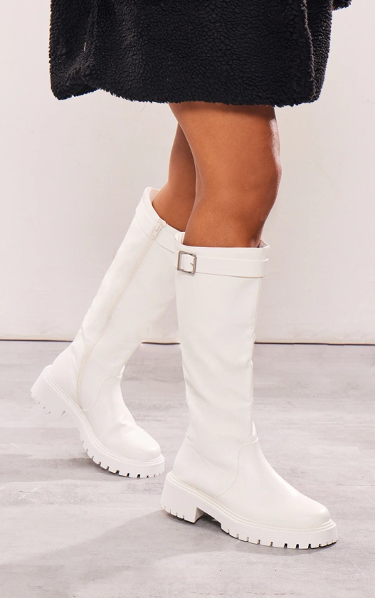 White Wide Fit Pu Leather Knee High Buckle Boots
