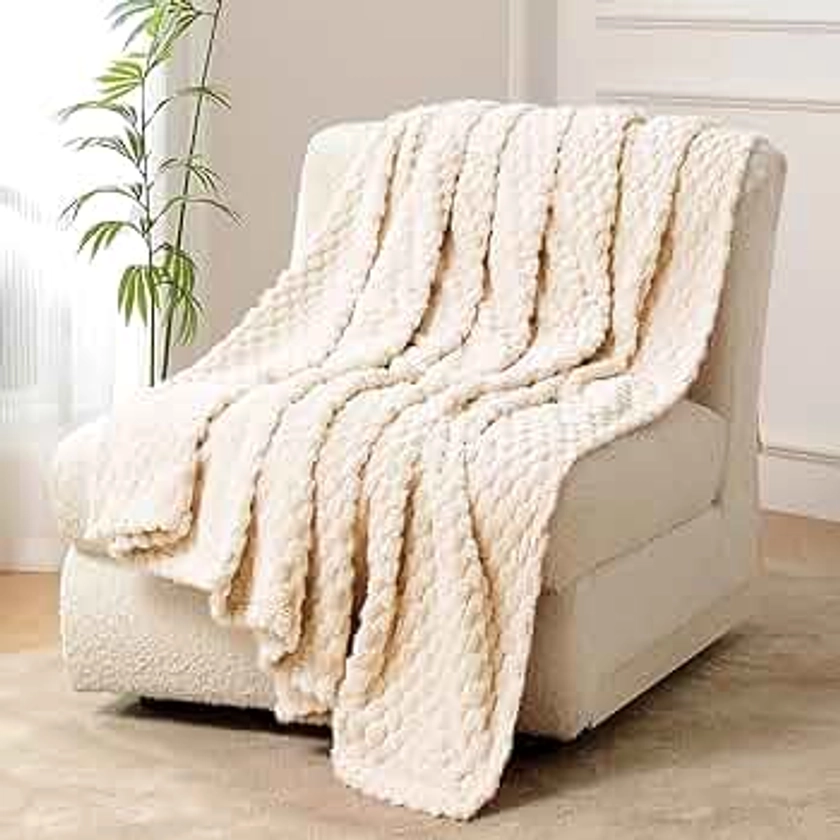 FY FIBER HOUSE Fleece Throw Blanket for Couch 300GSM Super Soft Plush Fuzzy Blankets Lap Blanket for Office Sofa, 50x60 Inches, Beige