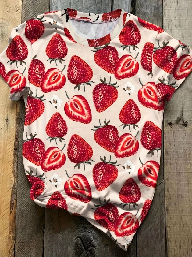 Strawberry Print Crew Neck T-Shirt, Casual Short Sleeve T-Shirt For Spring &amp; Summer, Women&#39;s Clothing
