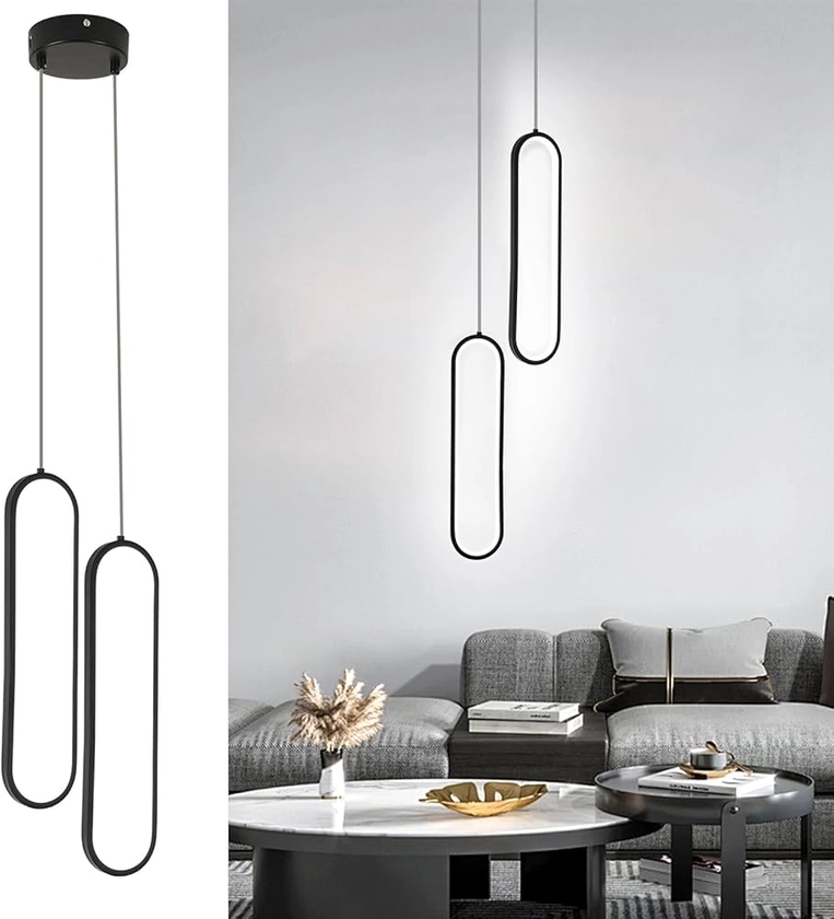 Toolight Suspension Luminaire LED, 30W Lustre Suspension Noir Ovale Design Minimaliste, 2-Lampes Suspension LED pour Chambre Cuisine Salon Hôtel, Blanc Froid