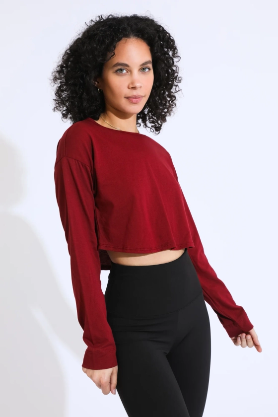 Essential Cropped Long Sleeve Tee - Dark Red