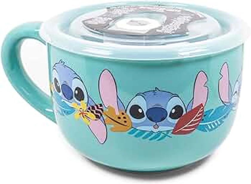 Silver Buffalo Lilo and Stitch Aloha Multi Face Ceramic Soup Mug with Vented Plastic Lid, 24 Ounces, 1 Count (Pack of 1)