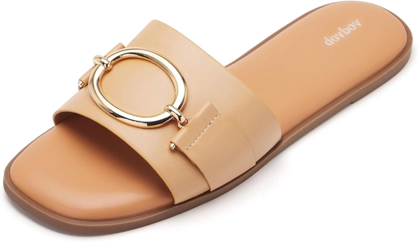 vodvob Women's Flat Sandals Fashion Square Open Toe Metal Chain Summer Dressy Sandals Slip On Casual Slides