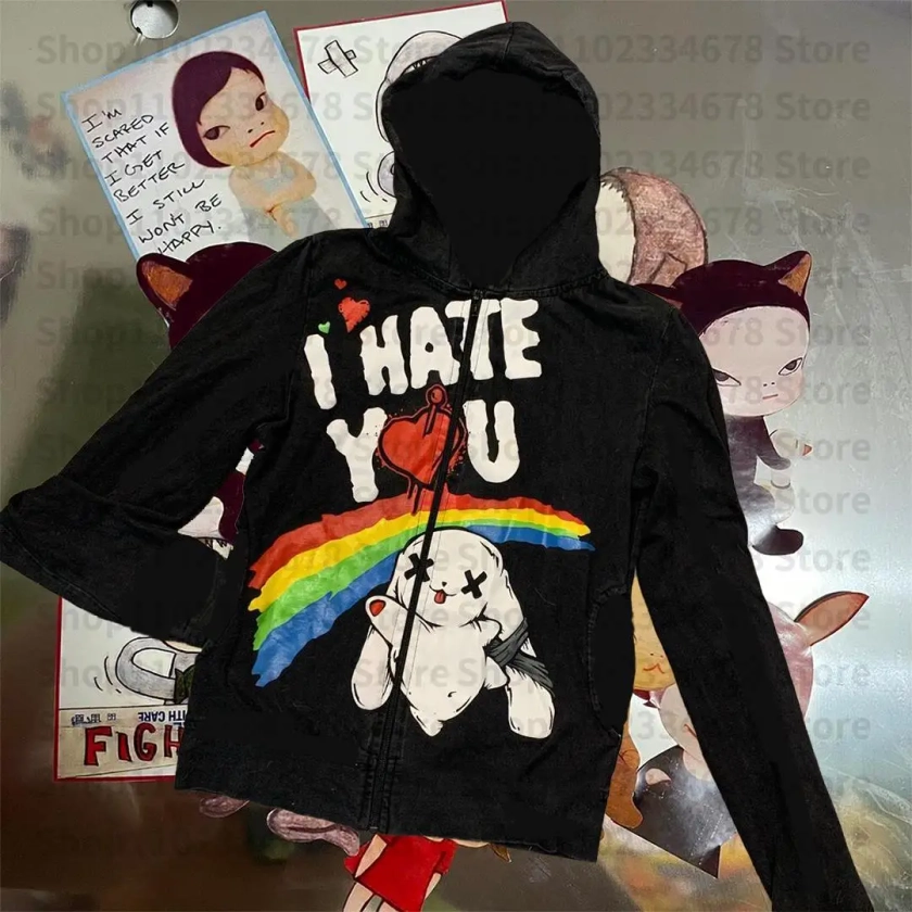 Sudaderas con capucha de los años 2000, chaqueta gótica Retro Grunge Mall, abrigo Y2K, sudaderas Vintage estéticas con letras, bonito patrón gráfico de conejito, Emo Girls - AliExpress