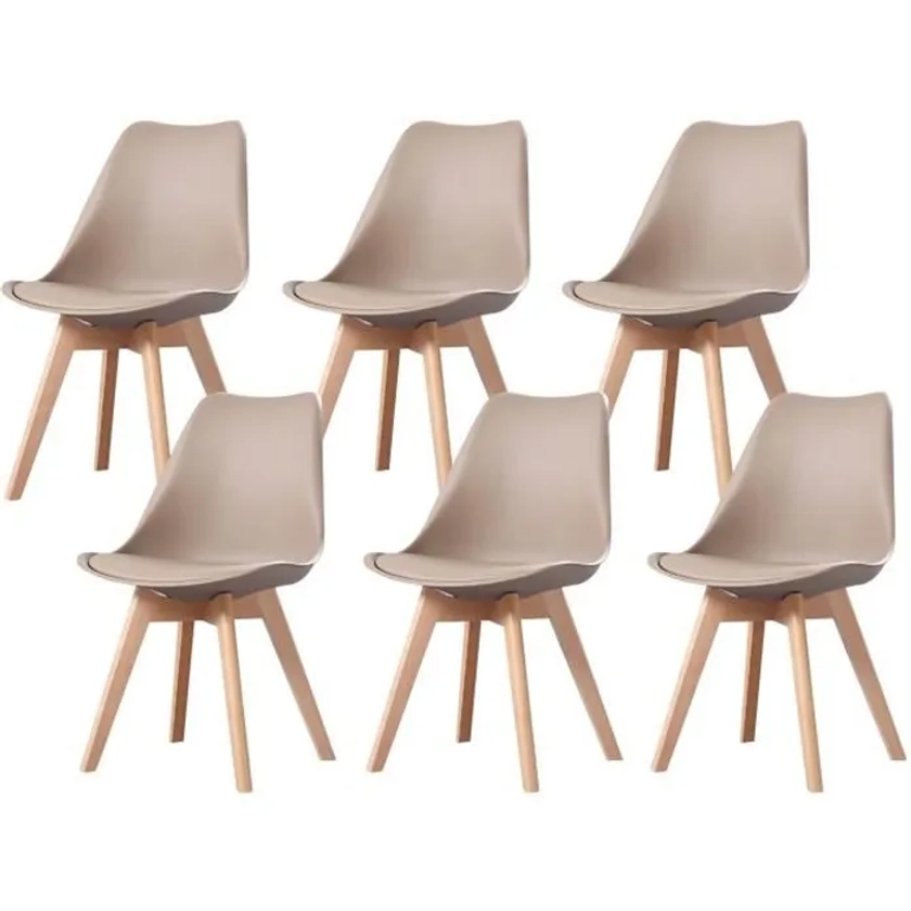 Clara - Lot de 6 chaises scandinave - Taupe - pieds en bois massif design salle à manger salon chambre - 49 x 58 x 82 cm