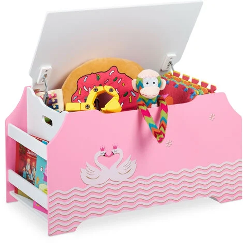 Relaxdays Coffre à jouets, motif cygne, malle, couvercle, porte-livres, HLP: 46x84x42,5 cm, caisse rangement, rose-blanc