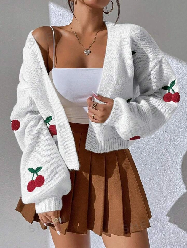 SHEIN EZwear Cherry Pattern Drop Shoulder Duster Cardigan