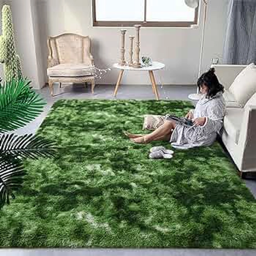 DweIke Extra Large Fluffy Area Rug, 5x8 ft Modern Indoor Carpets for Living Room Bedroom, Plush High Pile Tie-Dyed Dark Green Rug for Girls Kids Playroom Classroom Nursery Home Décor, Dark Green