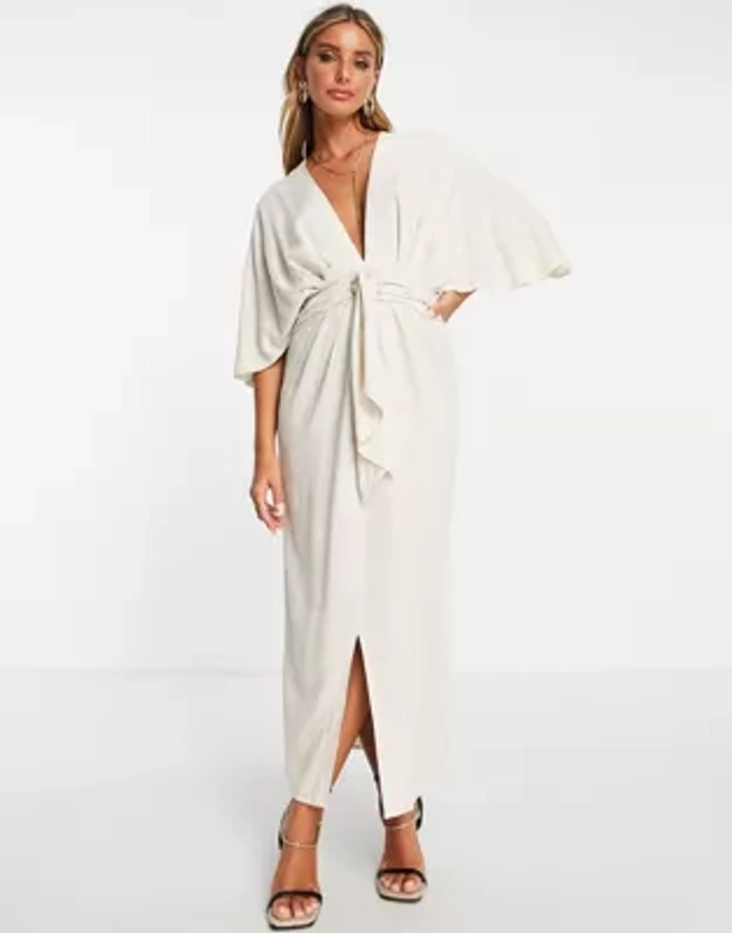 ASOS DESIGN - Robe mi-longue nouée devant en lin avec manches chauve-souris - Naturel | ASOS