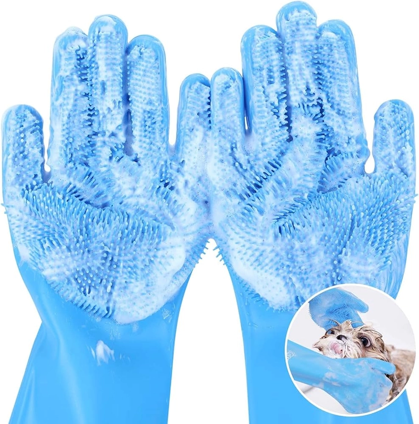 Pecute Pet Grooming Gloves - Heat Resistant Silicone Gloves with High-Density Teeth, Enhanced Five Finger Design for Bathing and Massaging Dogs and Cats, Blue