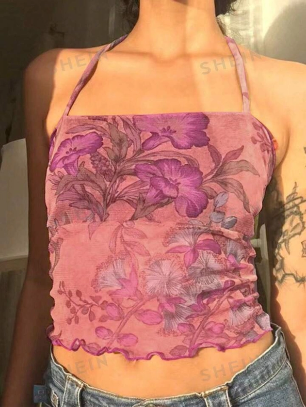 SHEIN Privé Women's Floral Print Halter Neck Backless Sexy Camisole | SHEIN USA