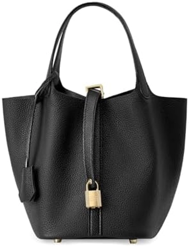 Monederos y bolsos de piel genuino para mujer, diseño de cerradura de piel genuino de gran capacidad, bolsa de hombro informal (negro), Negro -