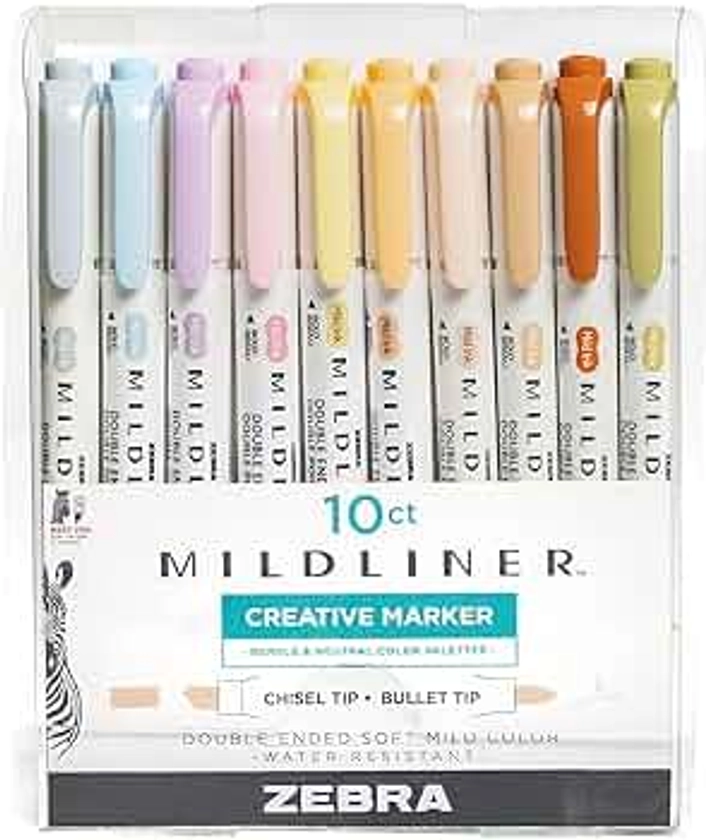 Zebra Pen Mildliner Double-Ended Highlighter Set, Chisel and Bullet Point Tips, No Bleed Bible Assorted Neutral and Gentle Ink Colors, 10-Pack, Model Number: 78701