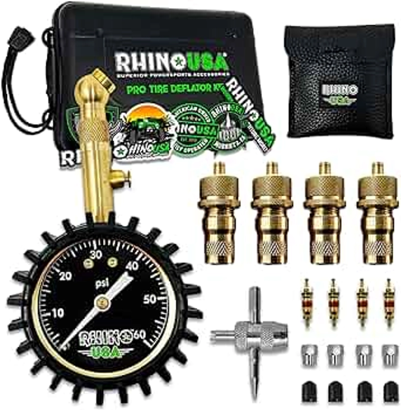 Rhino USA Adjustable Tire Deflators with Gauge (0-60psi) Calibrated & Automatic Tire Air Down Tool - Large 2" Easy Read Glow Dial & Solid Brass Hardware - Best Offroad Deflator for Jeep, Truck or ATV