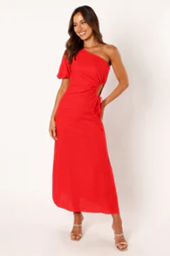 Kimmie One Shoulder Cut Out Midi Dress - Red