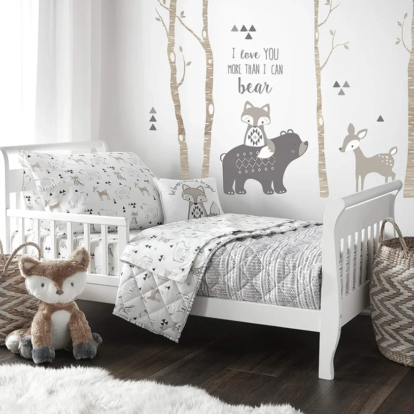 Levtex Baby Bailey Bear, Animals, Woodland, Charcoal, Beige, White -5PC Toddler Set - Neutral Kids Bedding - Reversible Quilt, Fitted Sheet, Flat Sheet, Standard Pillow Case, Decorative Pillow