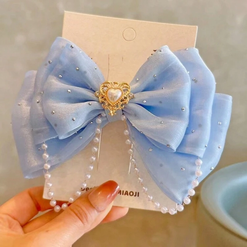 1pc Fashion Girls' Crystal & Pearl Decor Bow Hair Clip, No Card Packaging