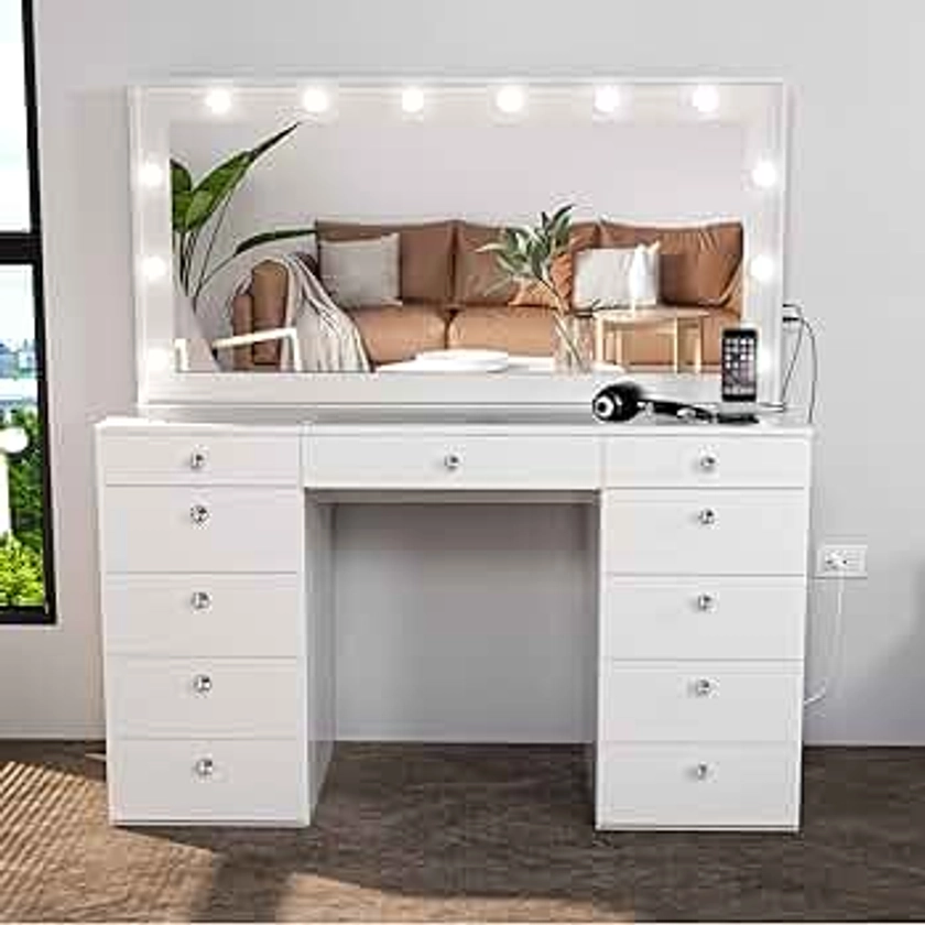 Boahaus Orla Extra Large Makeup Vanity Desk with Lights Built-in, Power Outlet, 11 Drawers, Hollywood Vanity Mirror, Glass Top Vanity, Crystal Knobs, White Big Vanity, 61.02''Hx56.3''Wx20.08''D