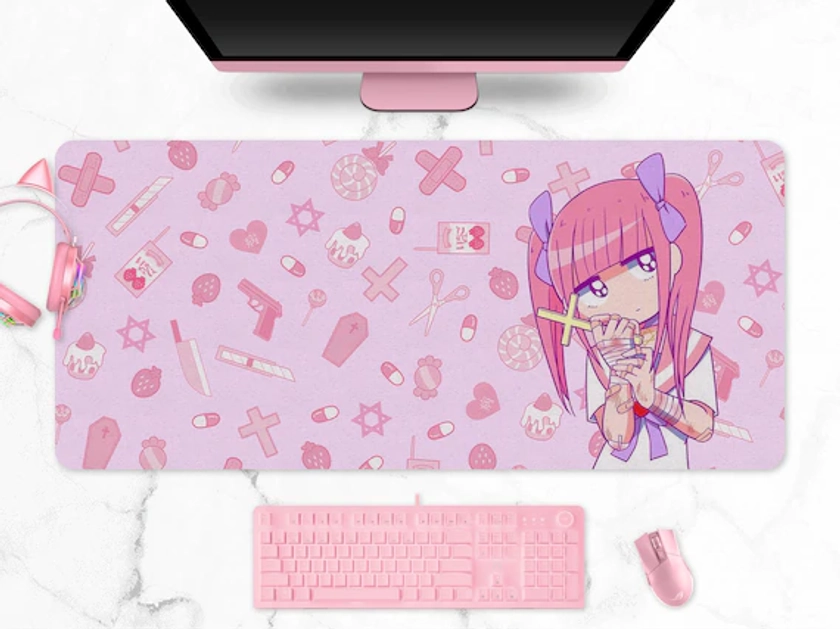 Menhera chan kawaii mousepad | XXL extra large gaming mouse pad desk mat | Menherachan yami kawaii Yamikawa Itami wrist cut pink pattern