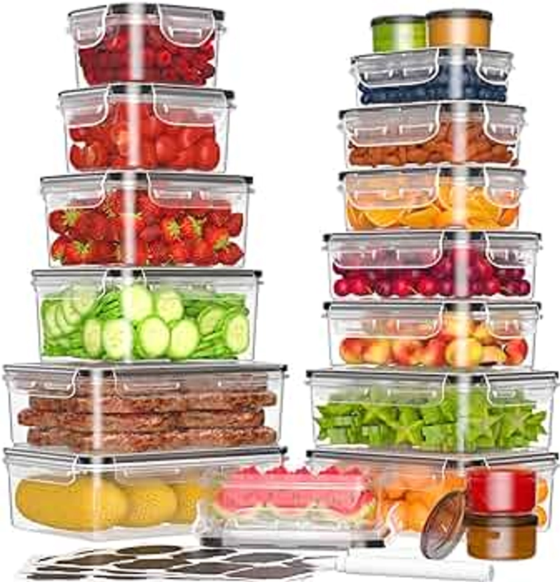 36-Piece Food Storage Containers with Lids(18 Containers & 18 Lids), Plastic Food Containers for Pantry & Kitchen Storage and Organization, BPA-Free, Leak Proof, Reusable with Labels & Pen
