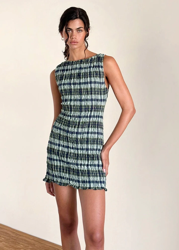 Motel Takayi Mini Shirred Linen Dress - Mono Check Green on Garmentory