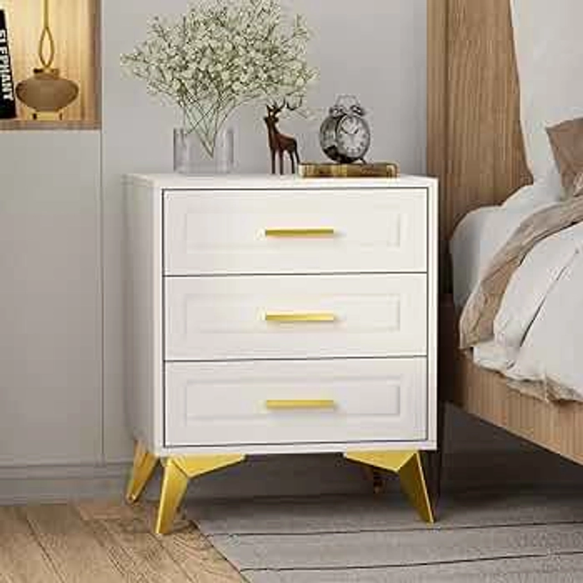 Giluta White Nightstand with 3 Drawers, Modern Night Stand with Gold Solid Metal Legs & Handles, Wood Bedside Table, Sofa End Side Table for Bedroom