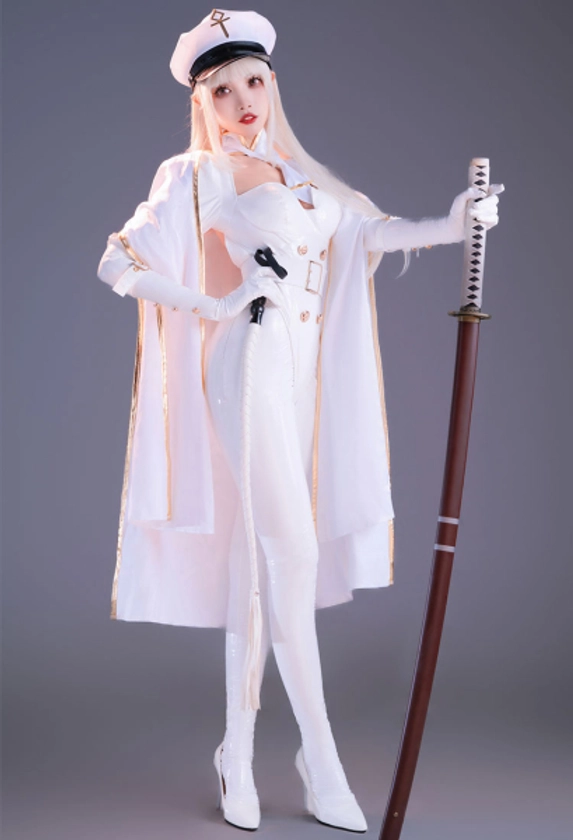 Miccostumes x Mobbunny x Chowbie Inquisitor Sexy Lingerie Set Halloween Officer Costume White Bodysuit with Pants Cloak Hat