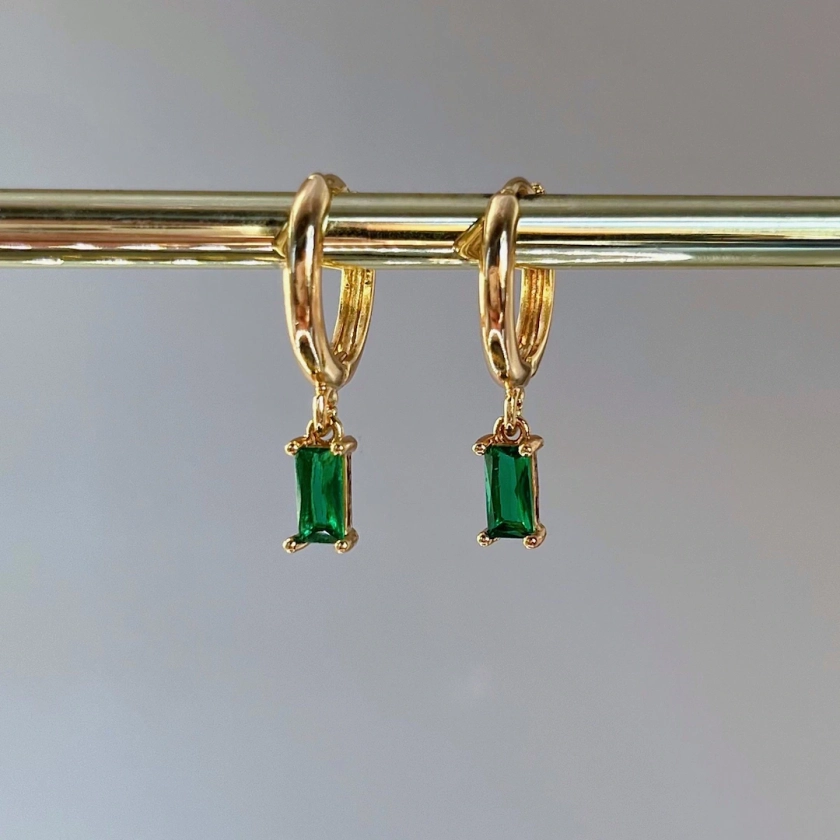Gold Plated Huggie Hoop Earrings Emerald Coloured Drop - Etsy