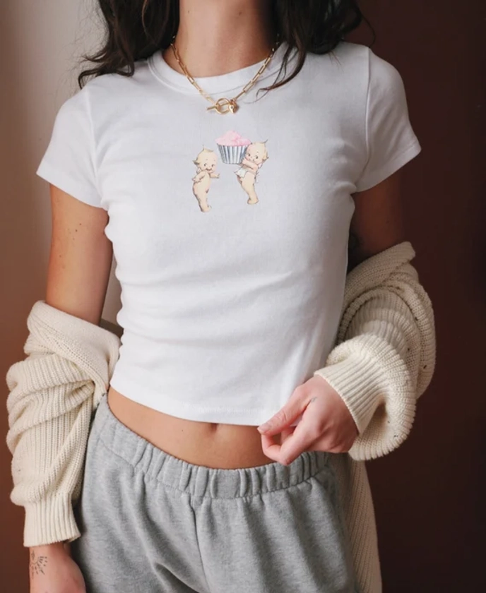 Kewpie Shirt, Y2K Baby Tee, Coquette 90s Shirt, Downtown Girl, Balletcore Crop Top, Teenage Girl Gift, Fairycore Clothes, Kitsch Cupcake Tee