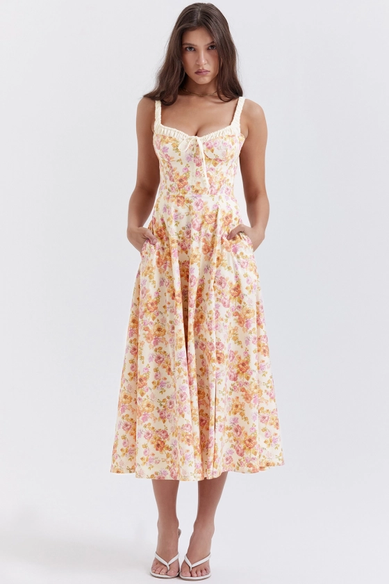 Clothing : Maxi Dresses : 'Sabrina' Ivory Print Bustier Sundress