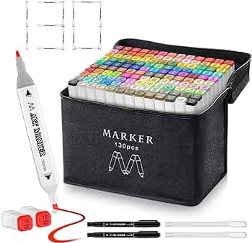 Banral 130 Colors Dual Tip Alcohol Based Markers, Twin Sketch Art Markers Set Pens for Artists Kids Adult Coloring Drawing Sketching Card Making Illustration, Premium Brush Markers with Case